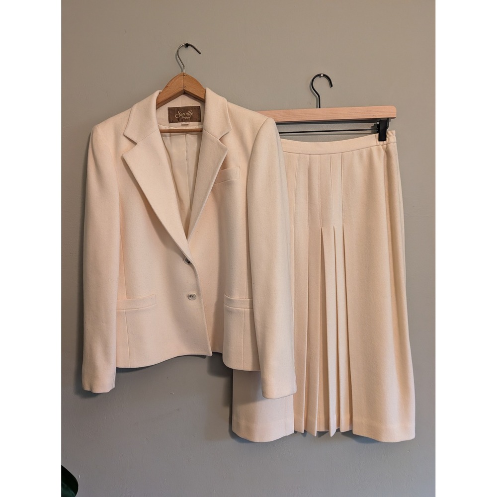 Saville Vintage Cream 100% Pure Wool Skirt Suit Blazer Pleated Midi Skirt Set 10